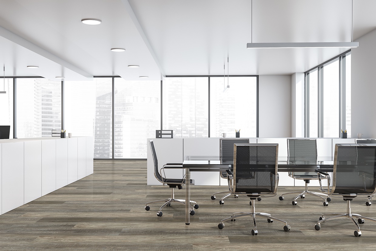 Modern empty office interior with work space. 3D render